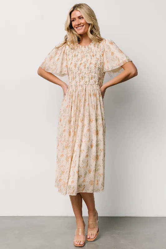 white midi dresses for weekends -Bailey Smocked Midi Dress | Ivory + Golden Floral