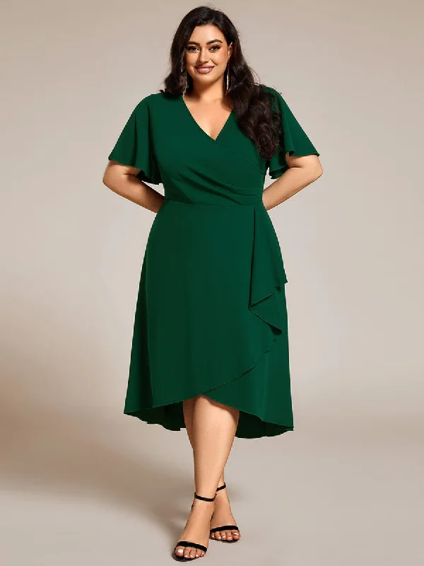 red midi dresses for dates -Plus Size High-Stretch V-neck Midi Wedding Guest Dress