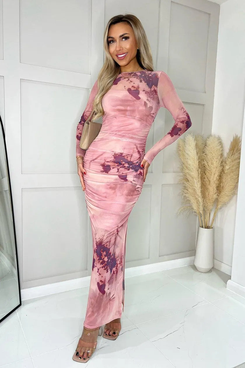 midi dresses with floral design -Blush Mesh Overlay Long Sleeve Bodycon Midi Dress