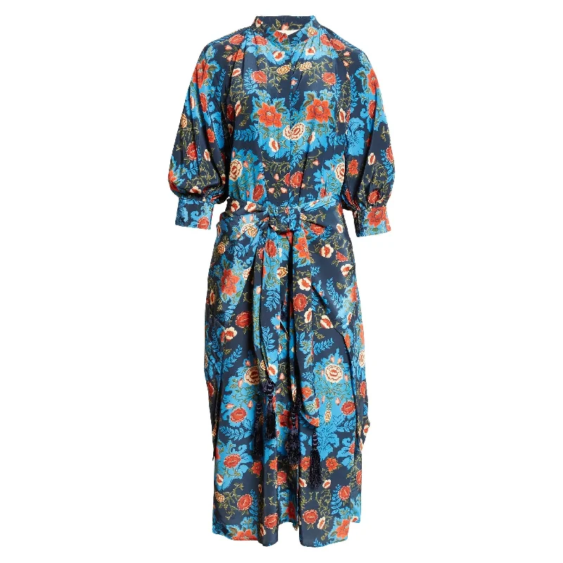 elegant midi dresses for warmth -Farm Rio Womens Tie Front Midi Dress Arabesque Floral Blue