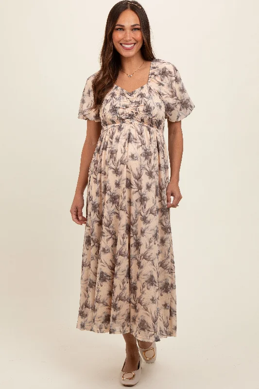 budget midi dresses for summer -Cream Floral Smocked Short Puff Sleeve Maternity Midi Dress