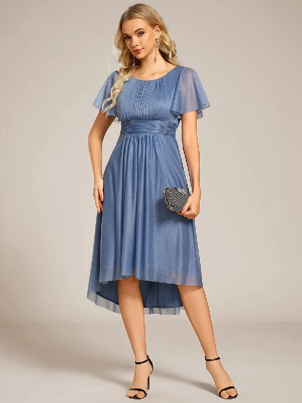 elegant midi dresses for club -Glitter Short Sleeves Round Neck Midi Wedding Guest Dress