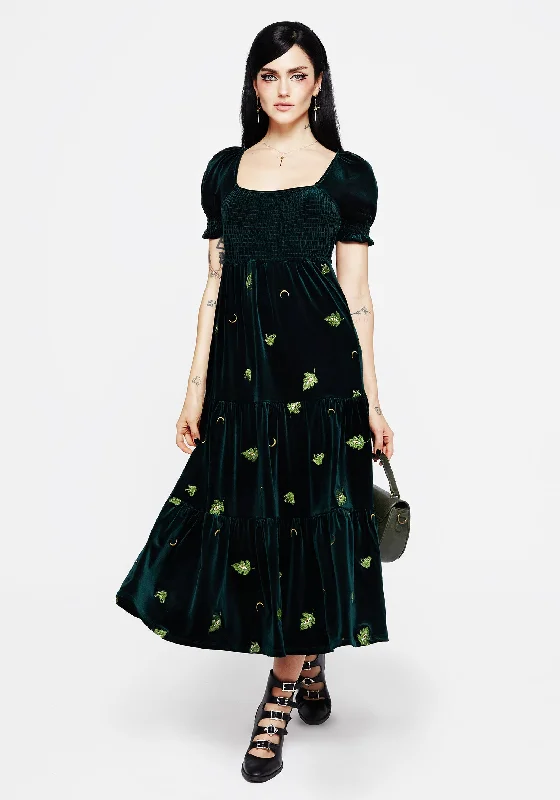 simple midi dresses for ease -Swamplife Frog Embroidered Velour Tiered Midi Dress