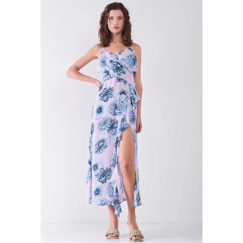 budget midi dresses for summer -Floral Print Sleeveless SelfTie Wide Wrap Front Ruffle Hem Side Slit Detail Midi Dress