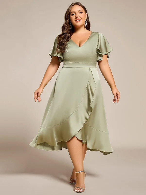 budget midi dresses for teens -Plus Size V-Neck Satin Midi Wedding Guest Dress with Ruffled Skirt