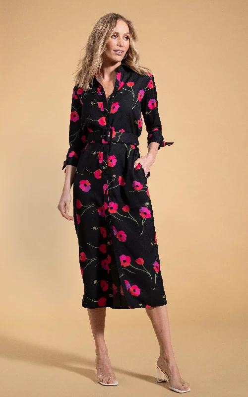 chic midi dresses for teens -Alva Midi Shirt Dress in Poppies on Black