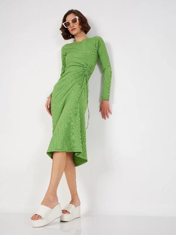 midi dresses with unique sleeves -Women Green Rib Side Ruched Bodycon Midi Dress