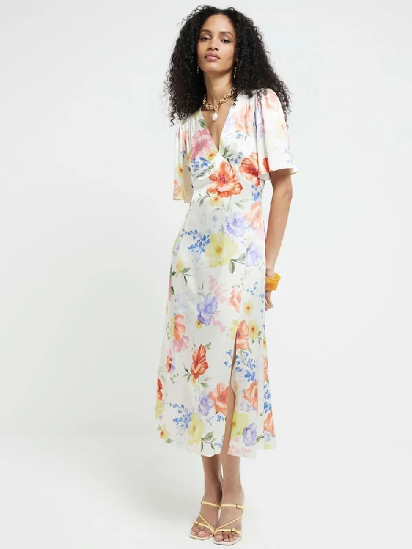 floral midi dresses for outings -White satin floral swing midi dress