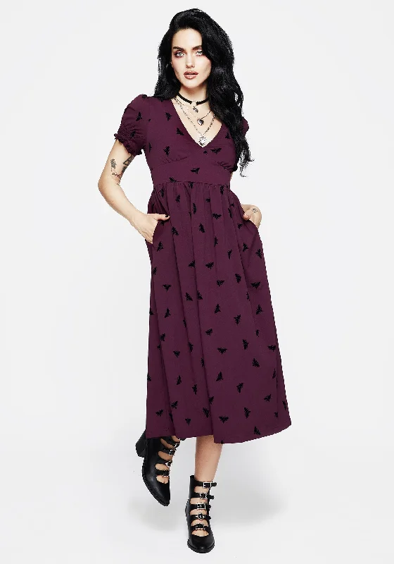 purple midi dresses for style -Styx Moth Flocked Velour Print Midi Dress