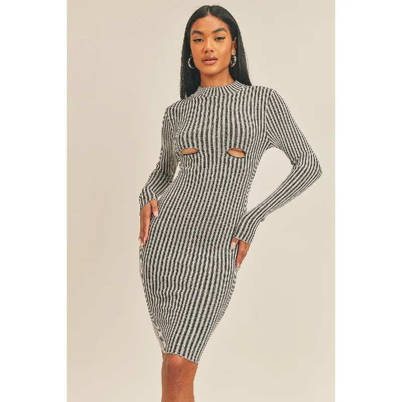 red midi dresses for occasions -Long Sleeve Stripe Print Midi Dress