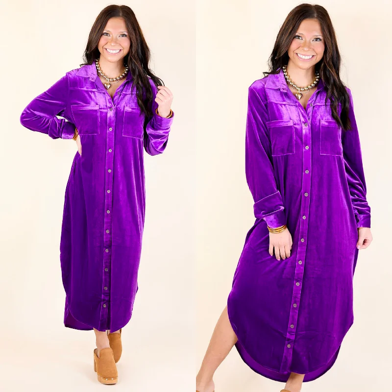 midi dresses with floral design -London Fog Velvet Button Up Midi Dress with Long Sleeves in Purple