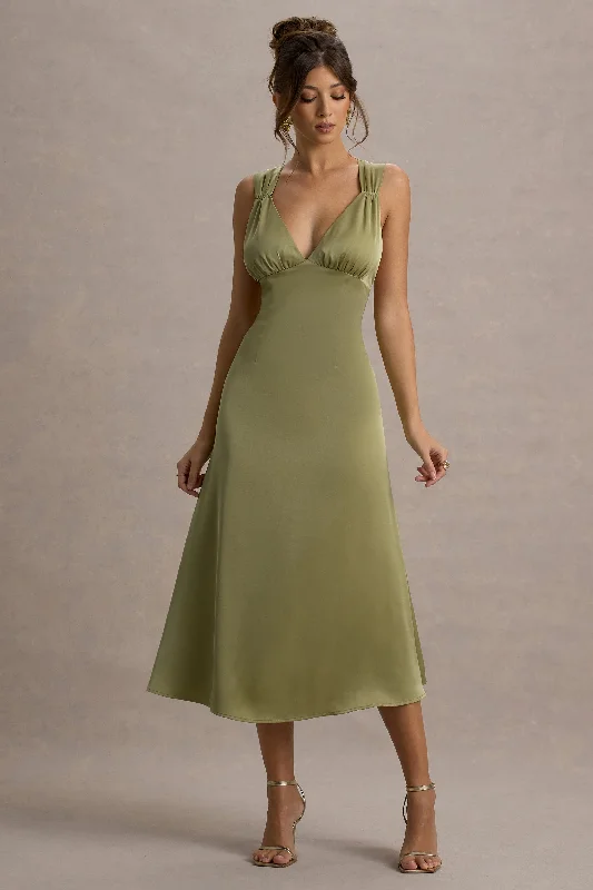 midi dresses with chic sleeves -Beck | Light Green Satin Plunge-Neck Cross-Back Midi Dress