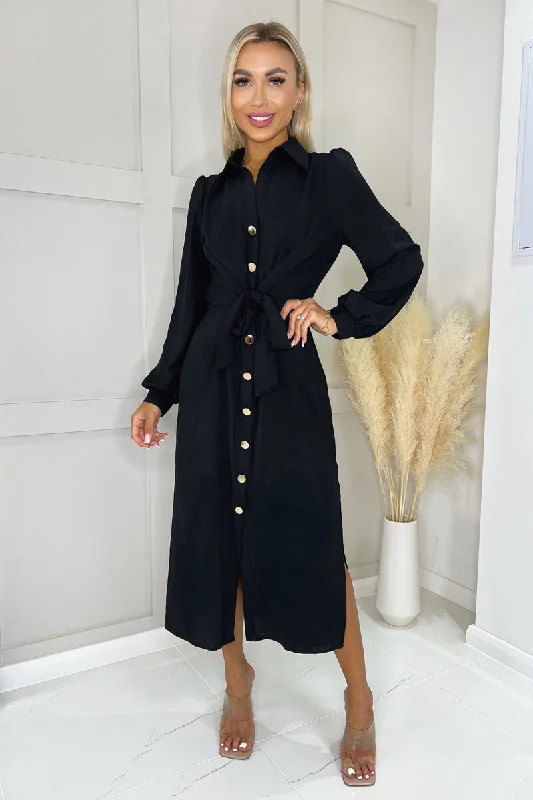 trendy midi dresses for dates -Black Button Front Tie Midi Shirt Dress