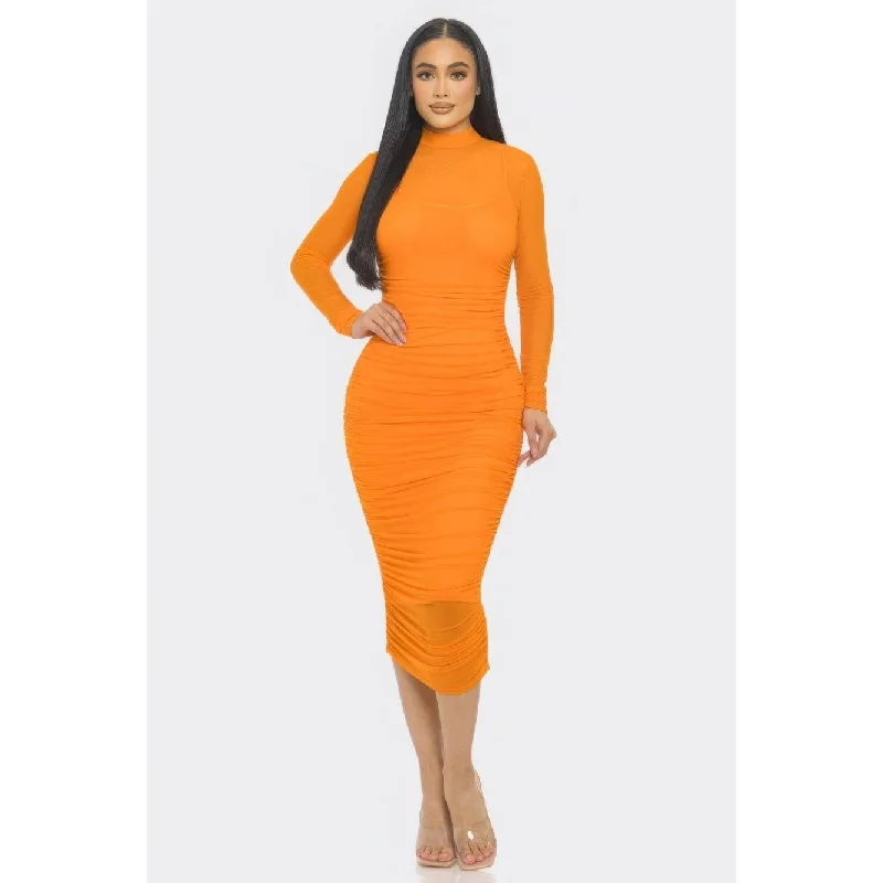 chic midi dresses for events -Solid Mesh Ruched Midi Dress