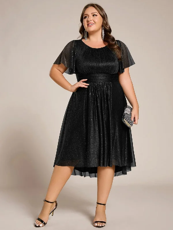 budget midi dresses for spring -Plus Size Sequin Round Neck Asymmetrical Midi Wedding Guest Dress