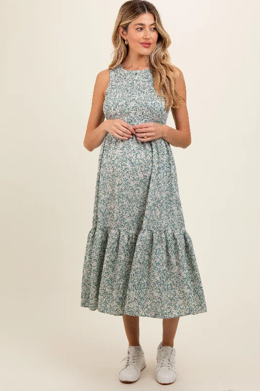 elegant midi dresses for spring -Teal Floral Smocked Ruffle Hem Sleeveless Maternity Midi Dress