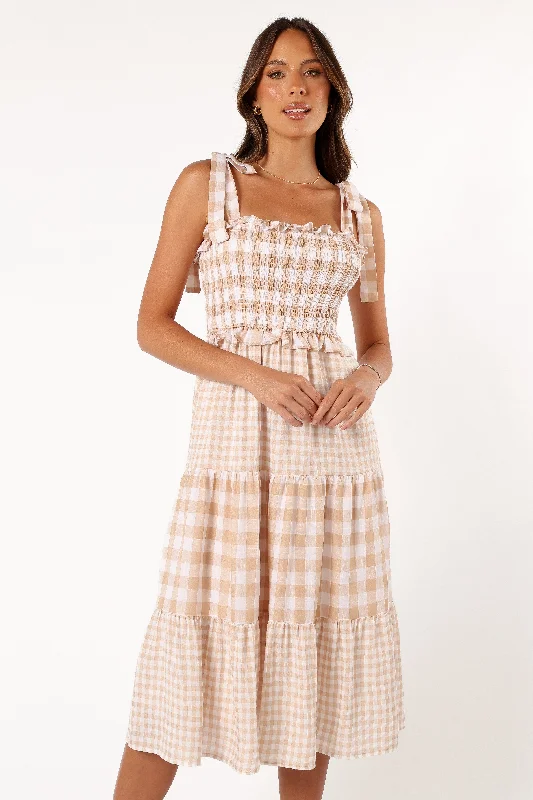 cute midi dresses for nights -Rach Midi Dress - Beige Check