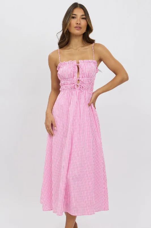 boho midi dresses for club -Pink Check Midi Dress Ribbon Detail Strappy