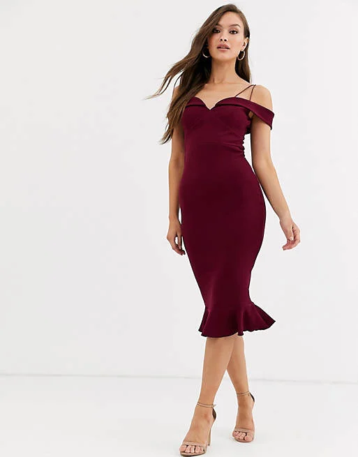 boho midi dresses for fall -Strappy Bardot Midi Dress Burgundy