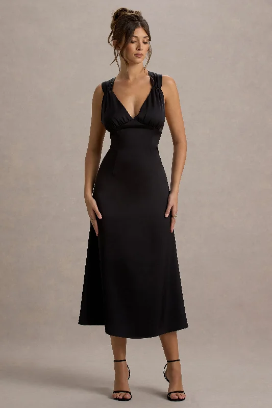 trendy midi dresses for dates -Beck | Black Satin Plunge-Neck Cross-Back Midi Dress