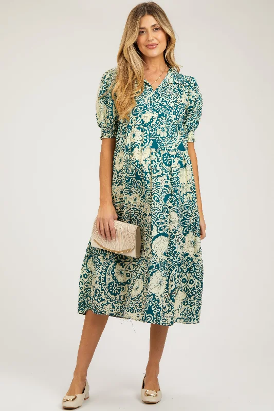 elegant midi dresses for warmth -Teal Floral Collared Tiered Maternity Midi Dress