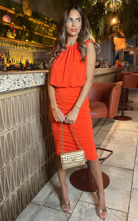 boho midi dresses for women -Burnt Orange Ruched Skirt Bodycon Midi Dress