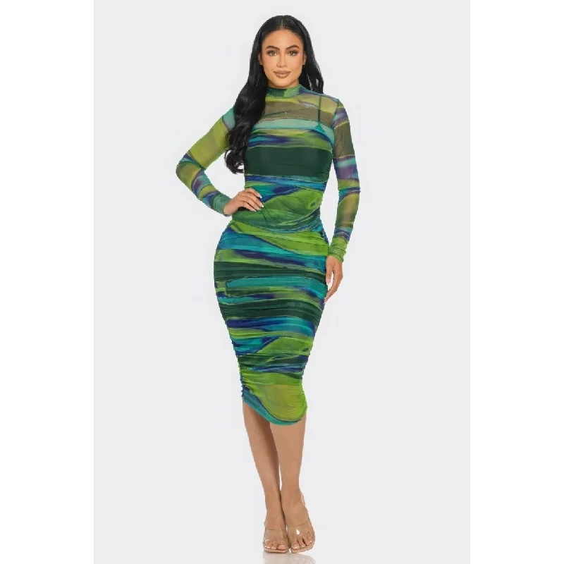 affordable midi dresses under $35 -Glitch Print Mesh Ruched Midi Dress