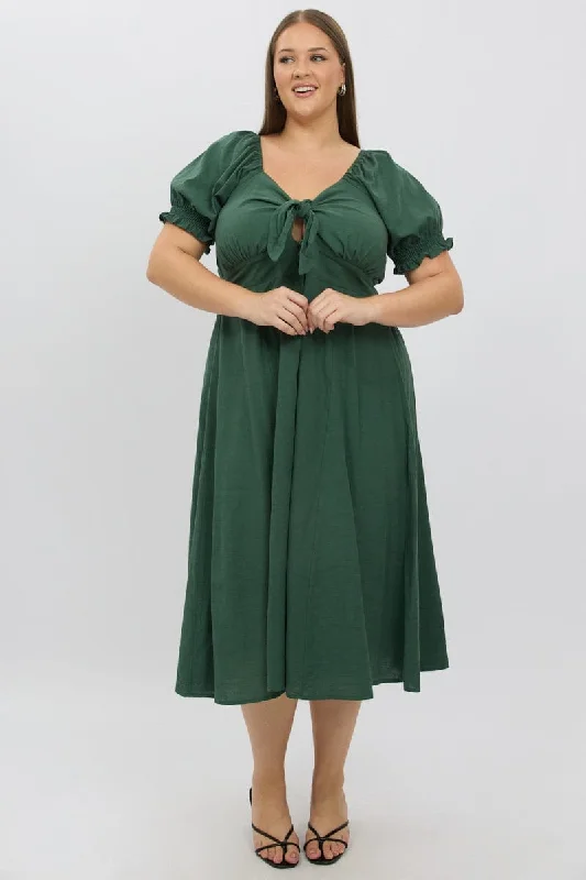 midi dresses with floral trim -Green Midi Dress Short Sleeve Tie Front