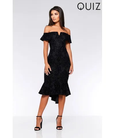 black midi dresses for women -Black Bardot Frill Midi Dress