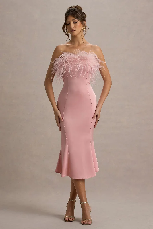 midi dresses with unique patterns -One And Only | Light Pink Satin Feather Trim Midi Dress