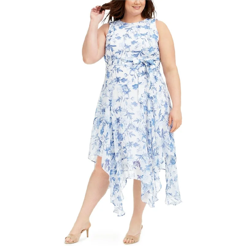 midi dresses with floral prints -Calvin Klein Womens Belted Handkerchief-Hem Midi Sheath Dress, Blue, 20W