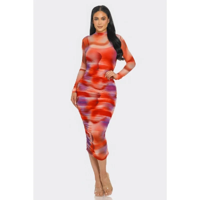 polka dot midi dresses fun -Summer Heat Print Mesh Ruched Midi Dress