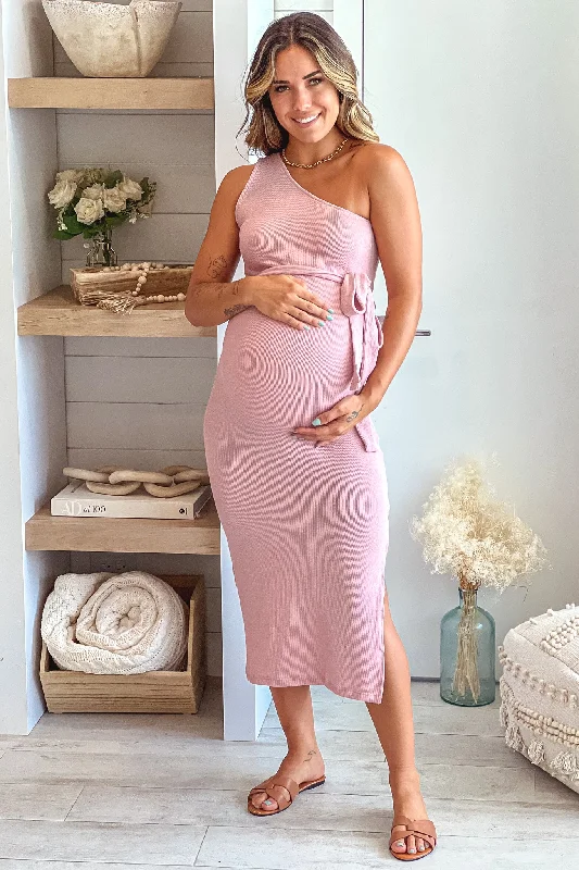 red midi dresses for style -Mauve Ribbed One Shoulder Maternity Midi Dress