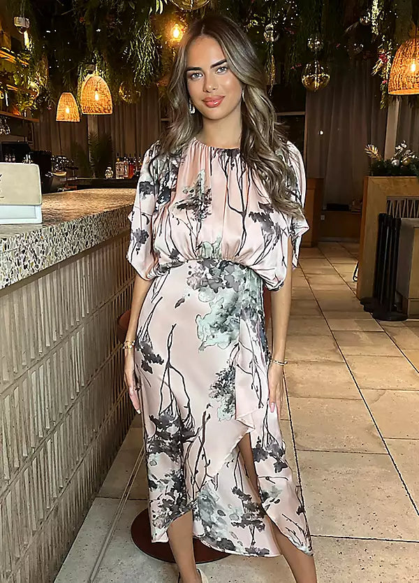 boho midi dresses for trips -Dusty Pink Printed Batwing Top Wrap Skirt Midi Dress