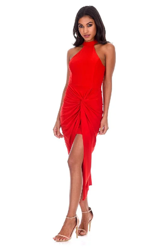 boho midi dresses for club -Red Ruched Wrap Midi Dress