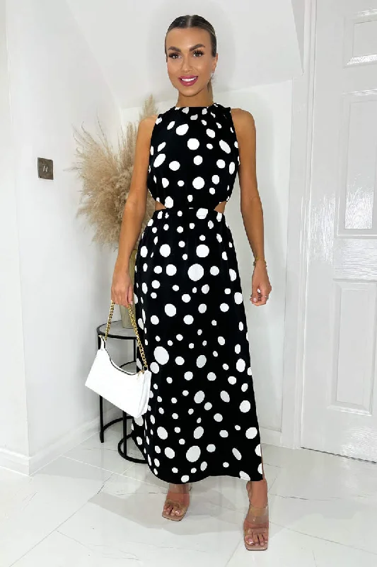 midi dresses with bold sleeves -Black And White Polka Dot Cut Out Midi Dress