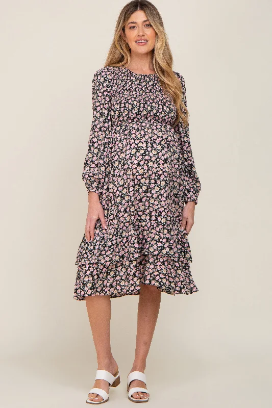 white midi dresses for women -Black Floral Smocked 3/4 Sleeve Tiered Maternity Midi Dress