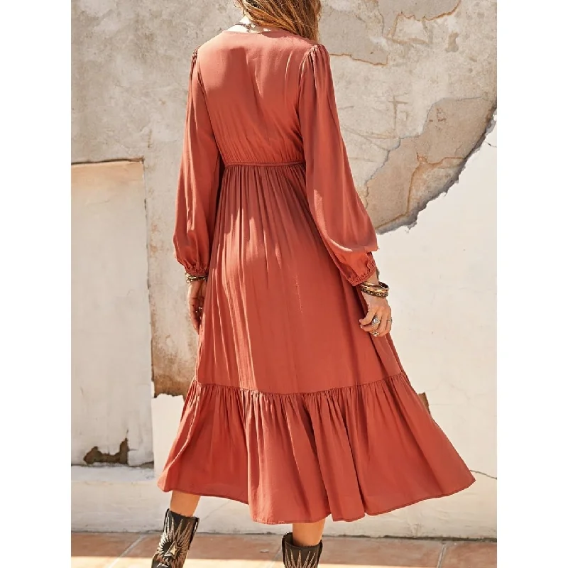 budget midi dresses for warmth -Ruched VNeck Long Sleeve Midi Dress