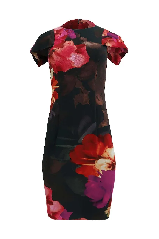 midi dresses with chic patterns -Black Midi Dress With Large Multicolour Floral Prints