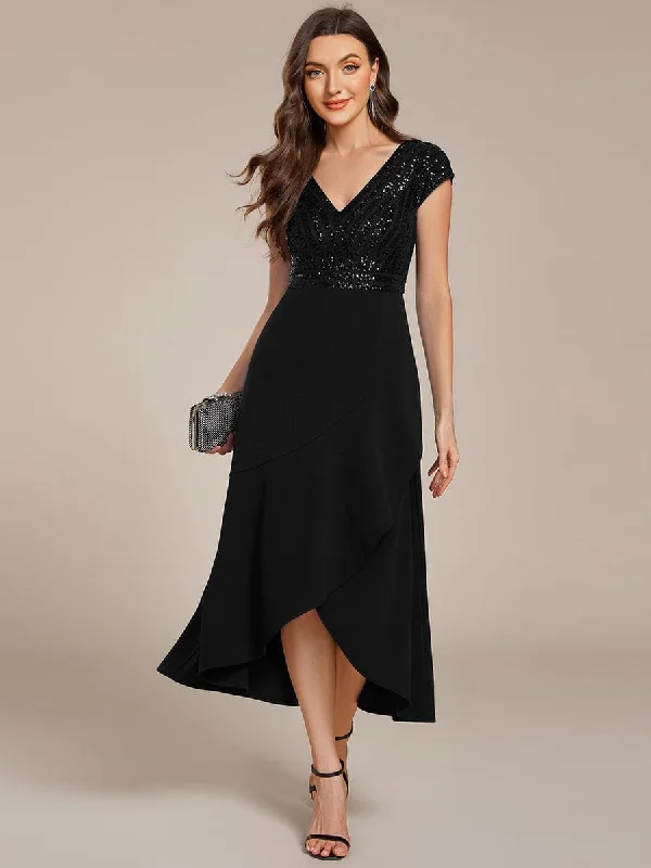 affordable midi dresses for fun -Short Sleeve V-Neck Midi Sequin Formal Dress with Chiffon