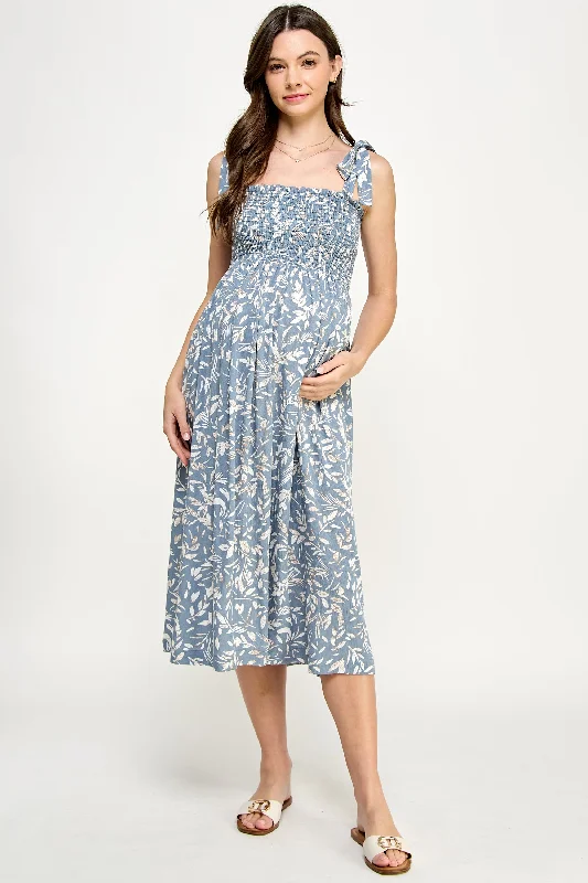 white midi dresses for dates -Tropical Print Tie Sleeve Smocking Maternity Midi Dress