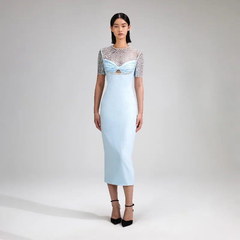 casual midi dresses for warmth -Blue Crepe Diamante Midi Dress