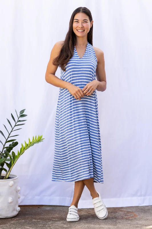 black midi dresses for teens -Lissa Twist-Back Midi Dress (Sky Blue Stripe)