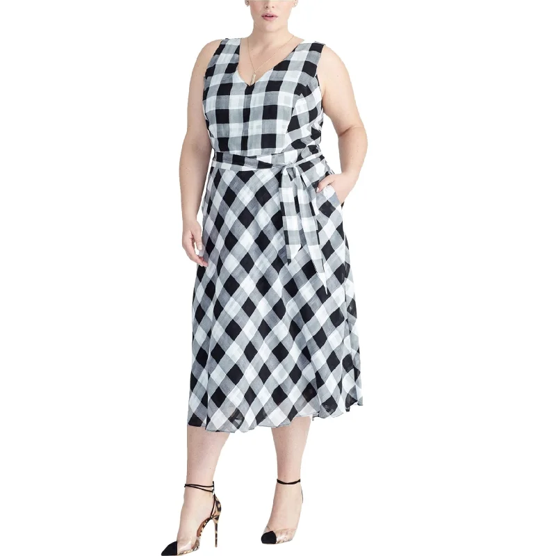 casual midi dresses for fall -Rachel Roy Womens Checkered Midi Dress, Black, 24W