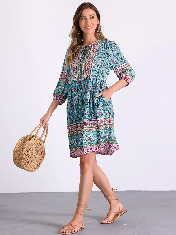 midi dresses with floral frills -Boho Floral Tie Neck 3/4 Sleeves Pocketed Midi Dress