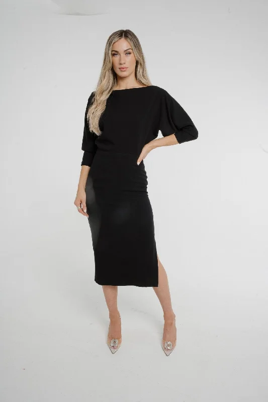 casual midi dresses for women -Alana Off Shoulder Midi Dress In Black