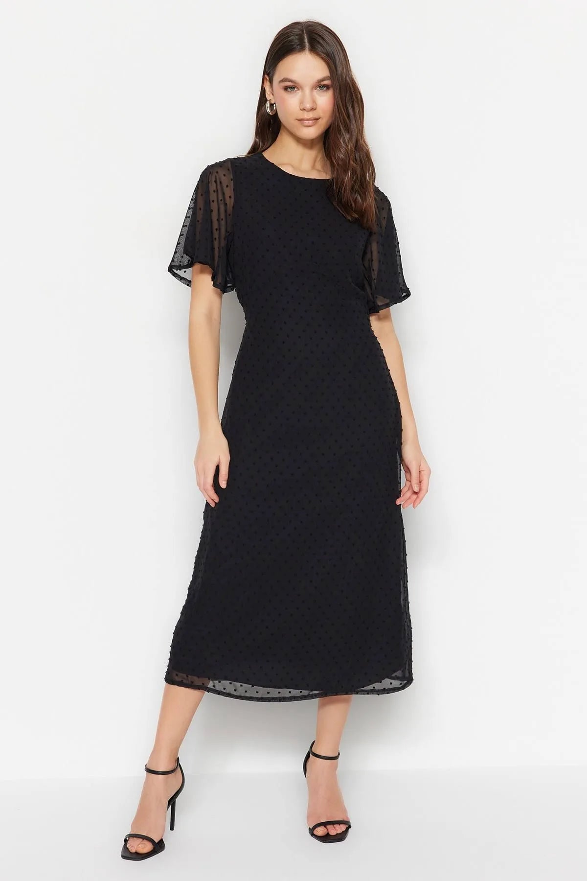 boho midi dresses for style -Black Woven Flared Sleeves Midi Dress