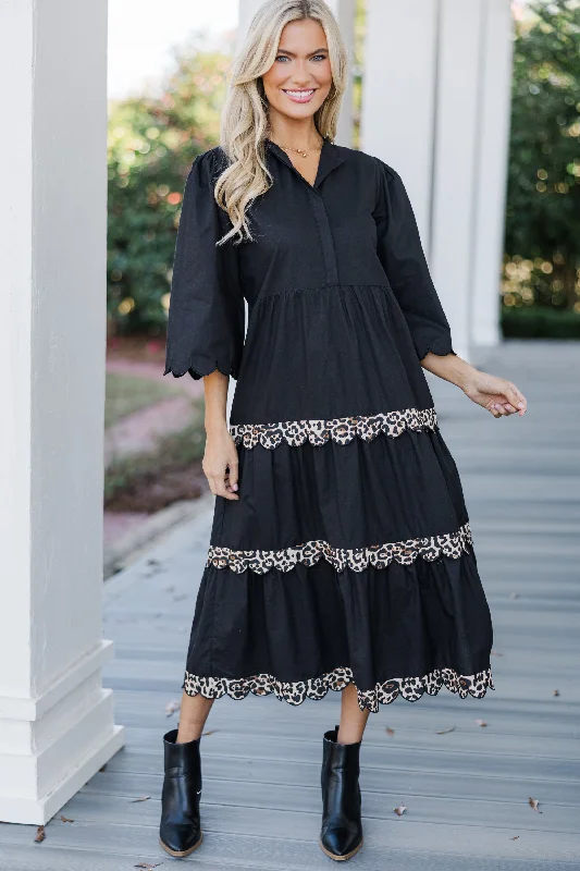 cute midi dresses for women -Perfectly Paired Black Leopard Midi Dress