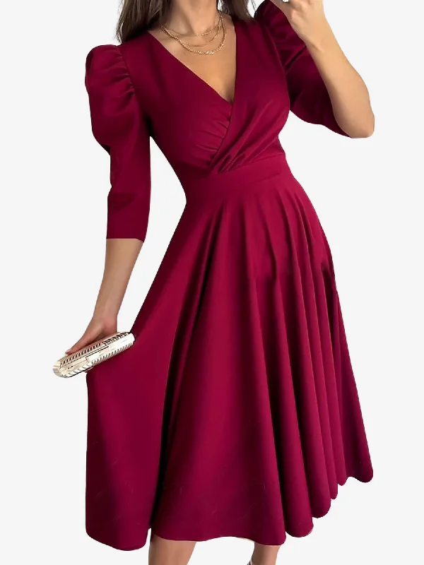 chic midi dresses for women -Solid Color V-Neck Puff Sleeve A-Line Midi Dress