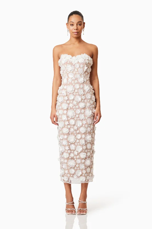 midi dresses with bold design -Bluebell Strapless 3D Midi Dress in White